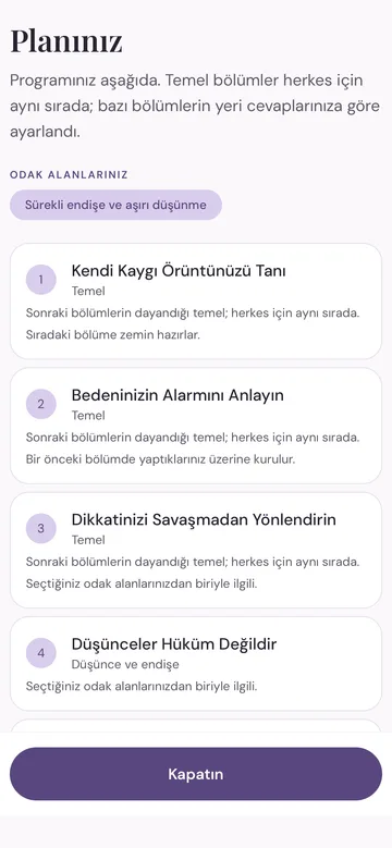 Calm Anxiety uygulamasında kişisel program planı ekranı
