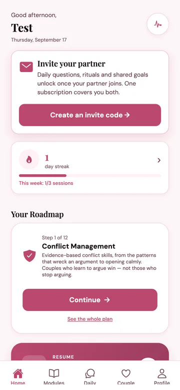 Personal twelve-step plan in the Couples Wellness app