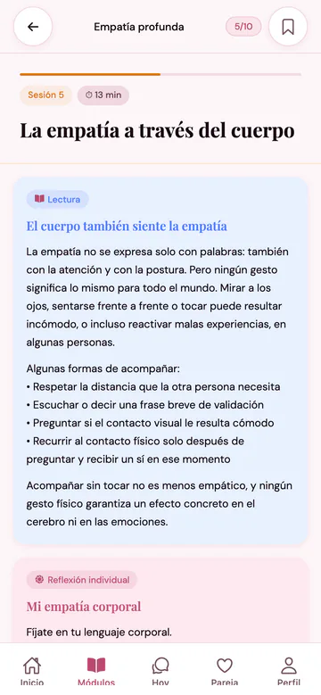 Pantalla de una sesión en la app Couples Wellness