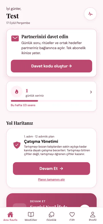Couples Wellness uygulamasında kişisel 12 adımlık plan ekranı